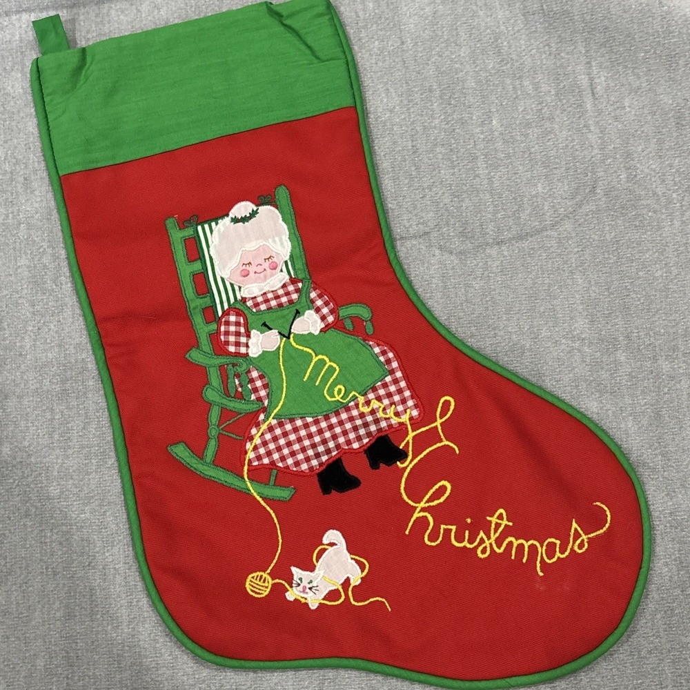 Vtg House of Hatten Christmas STOCKING Joyce Miller Applique Cat Woman Knitting